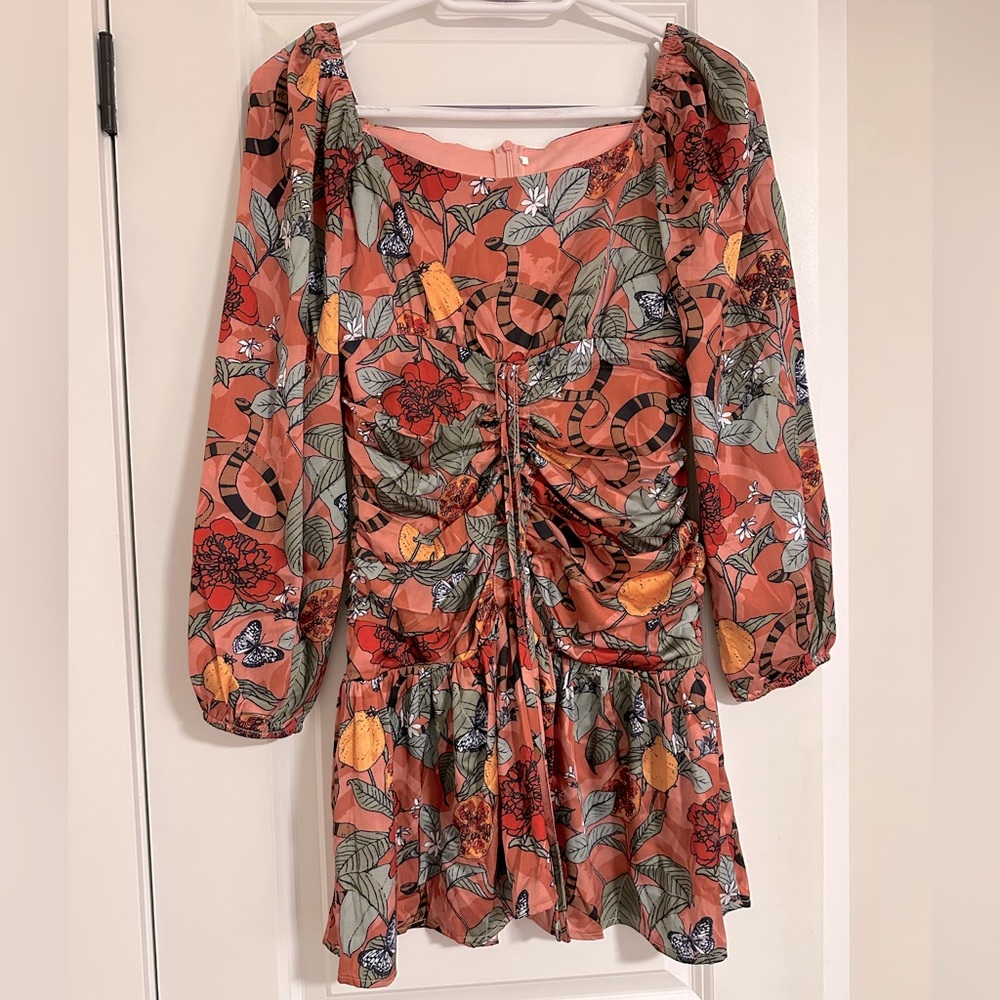 Patterned Silk Ruched Front Dress